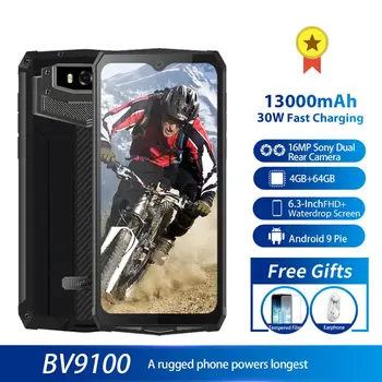 Перейти на Алиэкспресс и купить Мобильный телефон Blackview BV9100, Android 9,0, 6,3-дюймовый смартфон, IP68, прочный, Восьмиядерный MT6765, 4 Гб + 64 ГБ, аккумулятор 13000 мАч, быстрая зарядка 30 Вт
