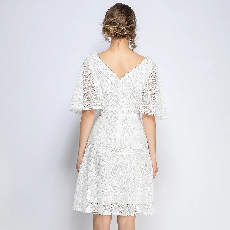 Новое Женское летнее черное кружевное платье с v-образным вырезом Vestidos De Verano Mujeres повседневное вечернее платье с рукавом в виде листа лотоса zomer jurk KA029