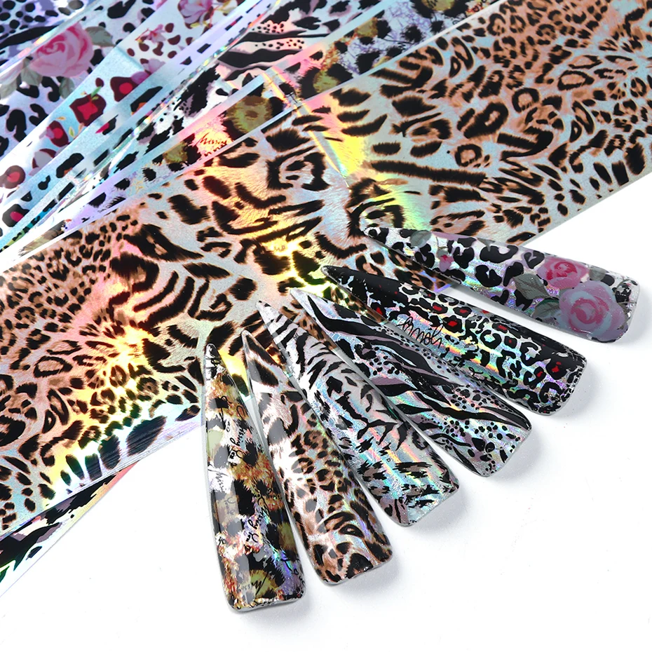 

10pcs Leopard Print Nail Art Foils Set Laser Holographic Transfer Polish Sticker Wraps Adhesive Slider Nail Art Decals JI2001