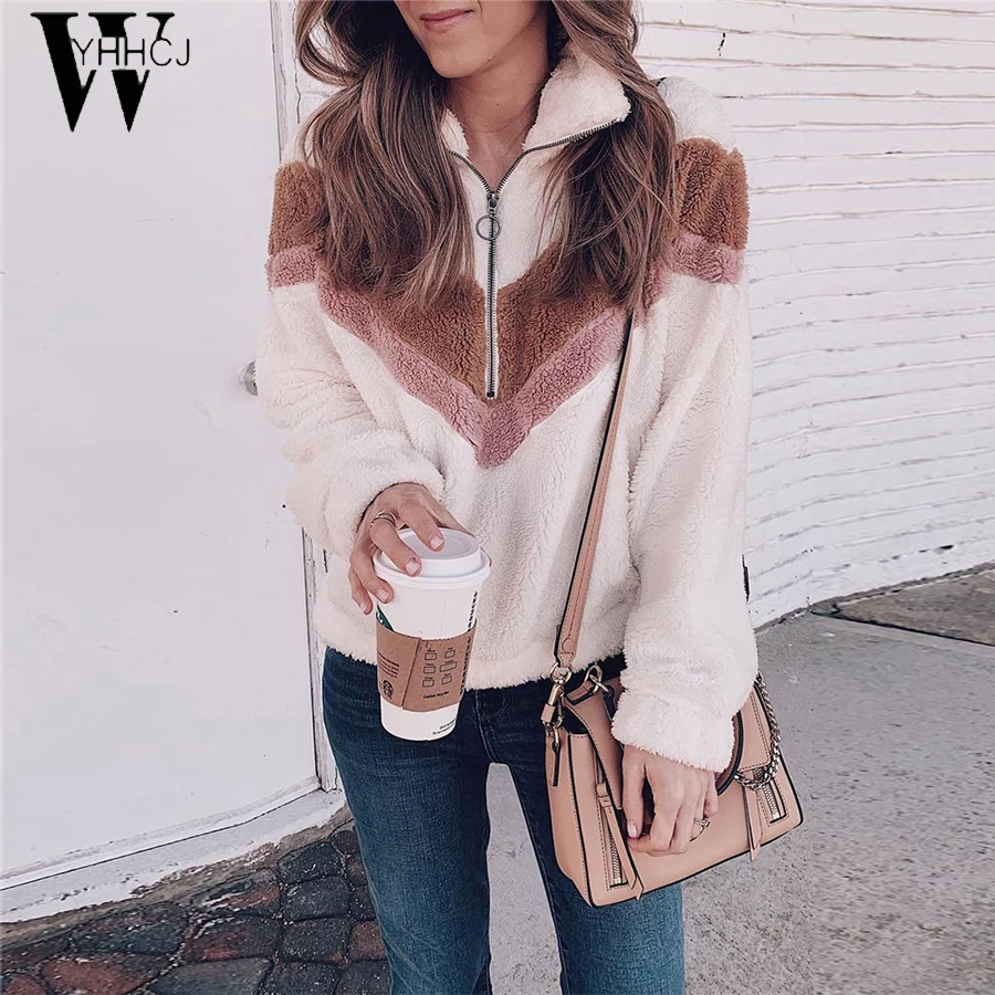 

WYHHCJ Zipper Pocket Coat For Women 2019 Autumn Warm Soft Jacket Female Outerwear Button Plush Ladies Casual Winter Overcoat