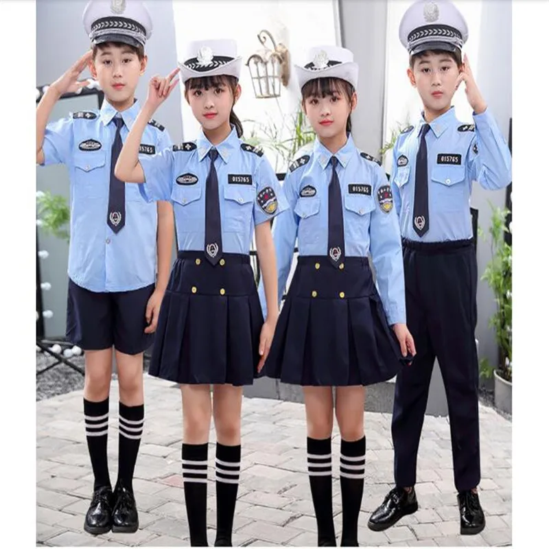Boys Girls Police Costume Carnival Party Purim Children Performance Clothing Set Fancy School Role Play Policemen Uniform