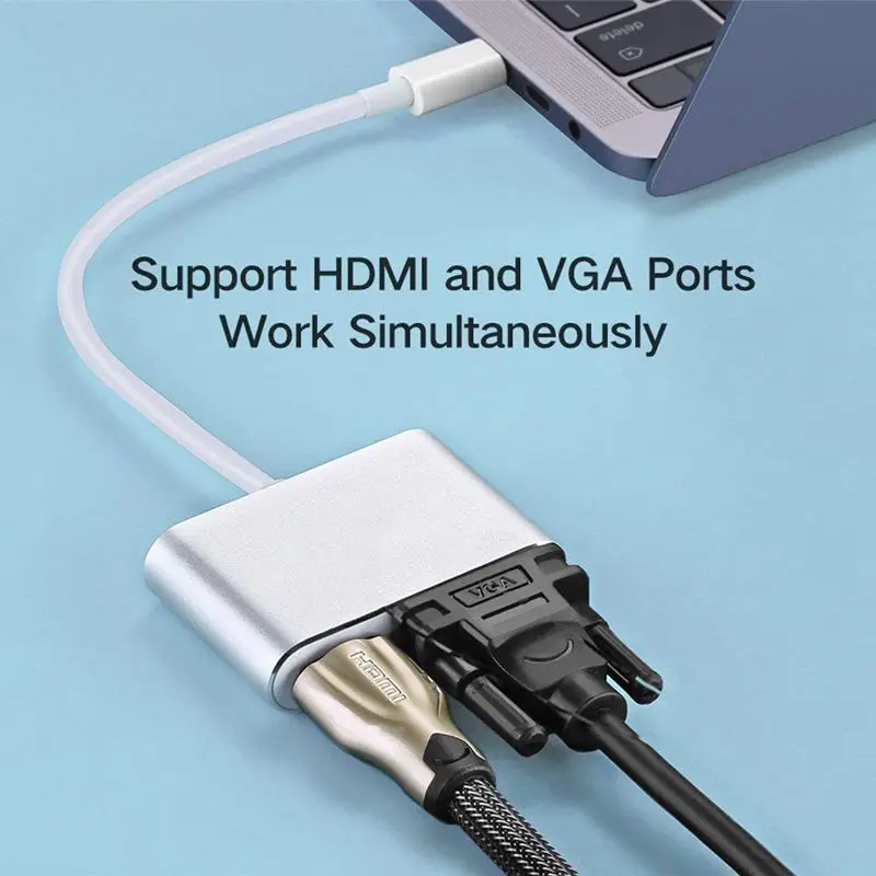 USB C к HDMI+ VGA, usb type C(Совместимость с Thunderbolt 3) к HDMI 4K+ VGA адаптер, совместимый Pro/Chromebook Pixel/X