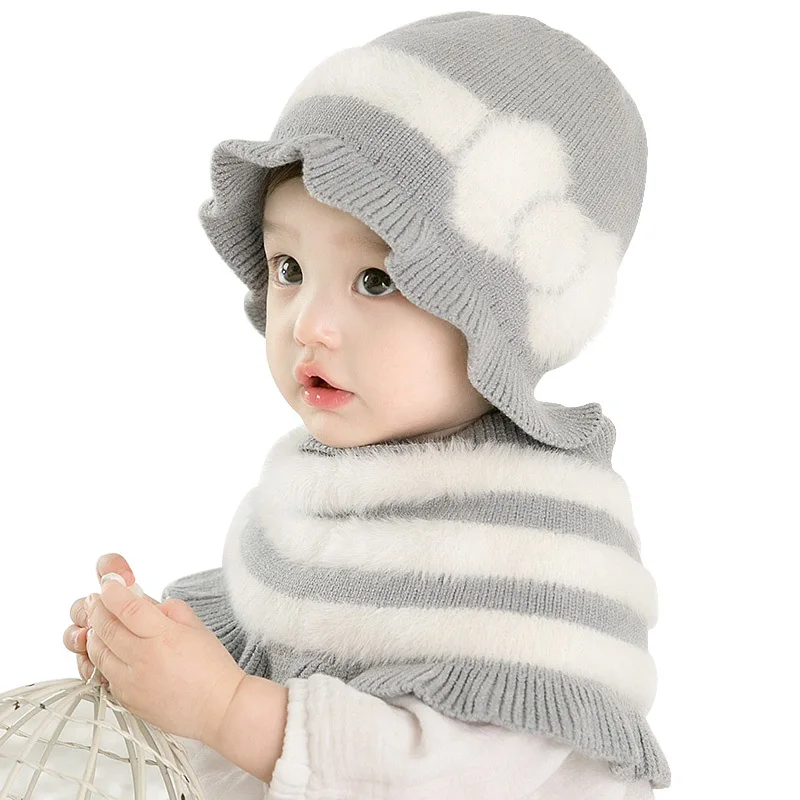 

wool baby Princess hat Shawl scarves set Winter Plush elegant Girls Bow cap accessories Sweet cute