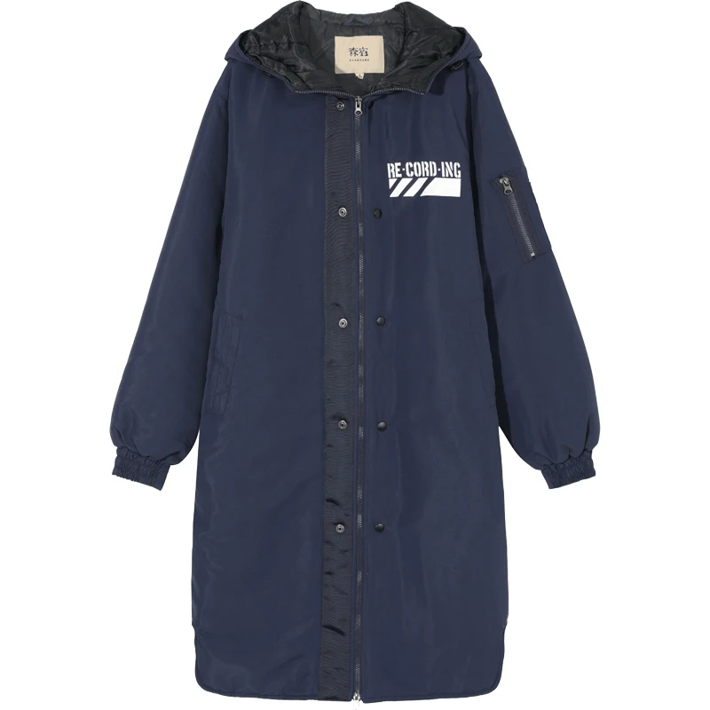 SAM'S TREE хаки однотонное прямое с капюшоном и буквенным принтом теплое Женское пальто зима темно-синий корейский женский длинный пуховик верхняя одежда - Цвет: Тёмно-синий