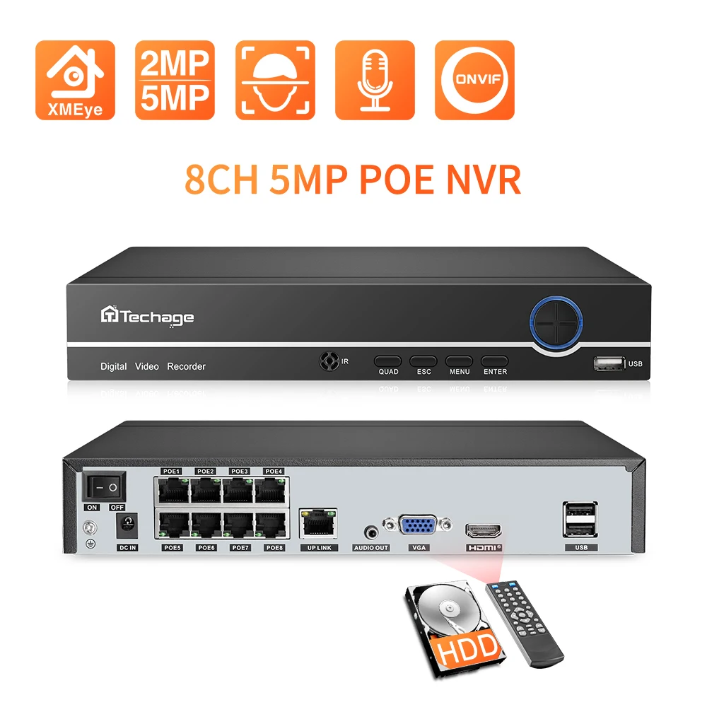 Grabador de video en red CCTV de vigilancia 8CH Sistema de puerto VGA HD P2P ONVIF 2MP 5MP Grabador de video en red XMEYE