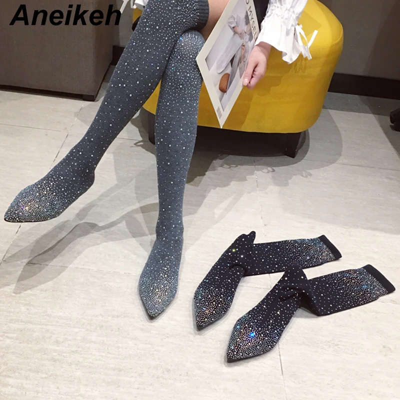 Aneikeh/ г. Весна-осень, модная прозрачная стелька из эластичной ткани, ботинки женские ботфорты с острым носком на плоской подошве