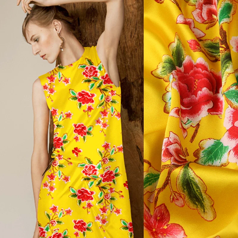 118 см шириной 19 мм красный цветочный принт 93% шелк и 7% спандекс стрейч ярко-желтый шелк атласная ткань для летнего платья куртка D1078