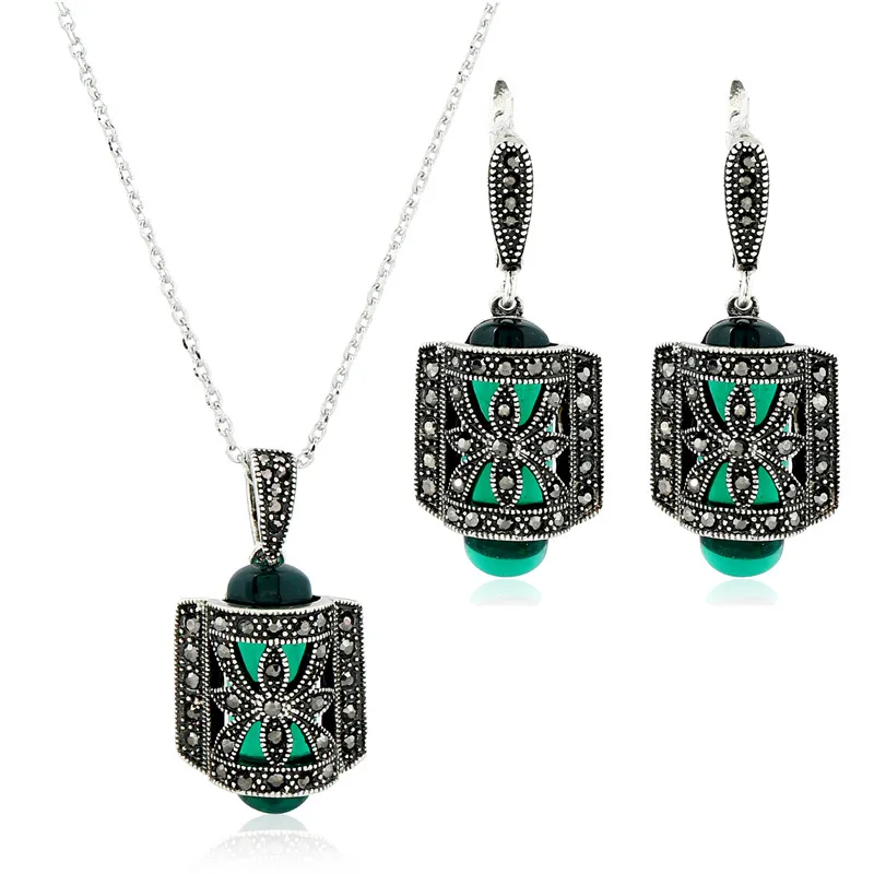 K's Gadgets Unique Design Antique Silver Color Green Stone Fashion Vintage Carve Set With Necklace Earring Sets | Украшения и