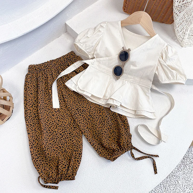 

2023 Spring Summer Baby Girls sports suit Casual children's clothing set Shirt top Leopard trousers 2pcs/set infant kids clothes