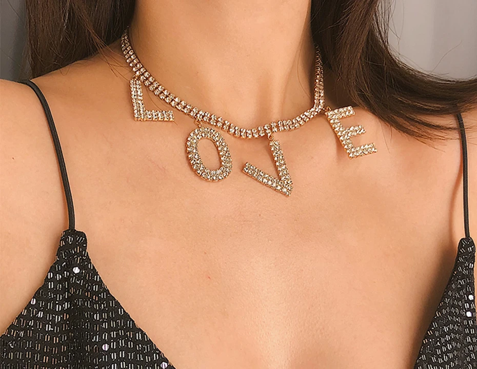 PuRui Luxury Rhinestone Chain Collar Necklace Love Letter Choker Necklace Statement Big Pendant Necklace for Women Punk Jewelry