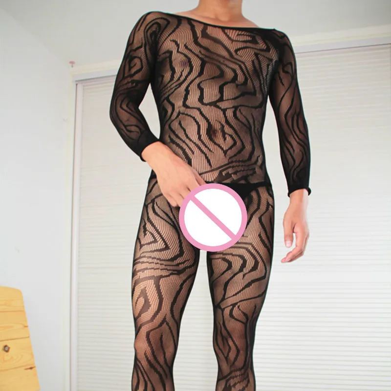 High-stretch Pantyhose Men's Underwear Fishnet Bodystockings Sexy Open Crotch Nightgown Long Sleeve Fetish Lingerie
