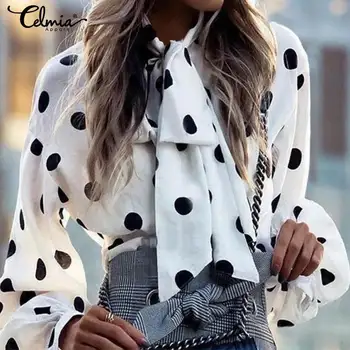 

Fashion Blouses Elegant Women Bow Tie Collor Polka Dot Shirts Celmia 2020 Spring Long Sleeve Button Work Tops Blusas Plus Size 7