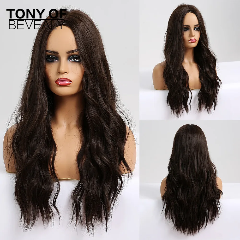 Long Water Wavy Synthetic Wigs Ombre Brown Middle Part Natural Hair Wigs For Women Cosplay Wigs Heat Resistant Fiber