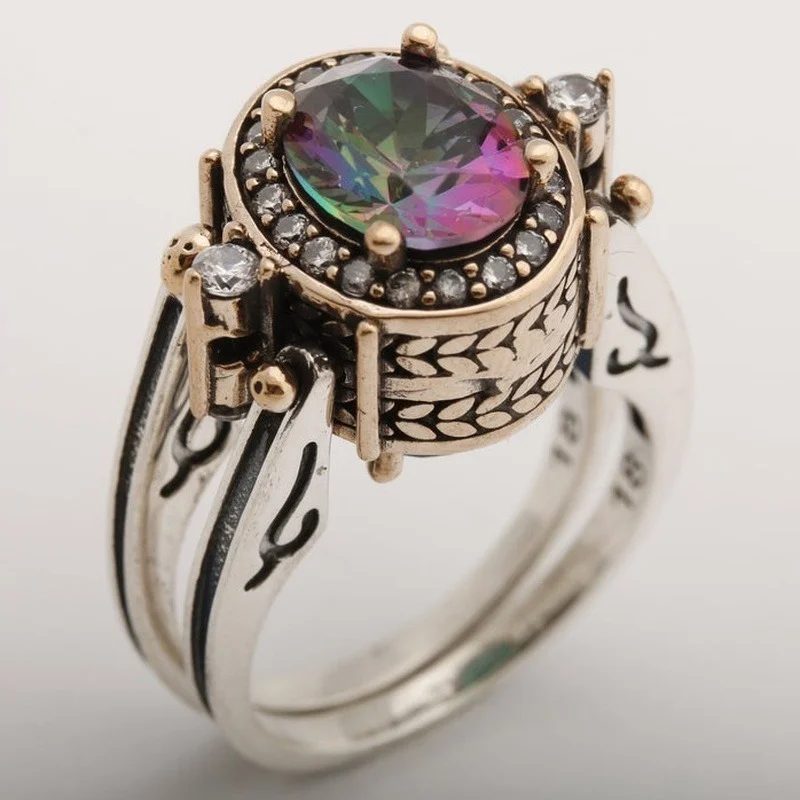 Anello Di Straordinaria! Anello Due In Uno Stile Ottomano Reversibile Taglio Ovale Alessandrite E Topazio Bianco Anello Donna Tutte Le Dimensioni