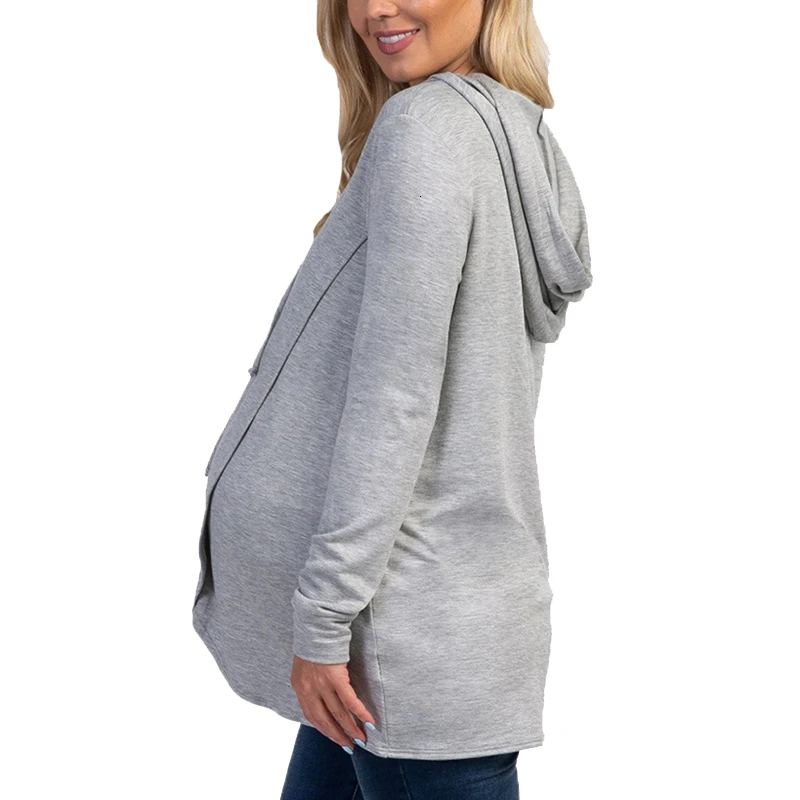 ENXI Solid Color Maternity Hoodie Autumn Breastfeeding Clothes Fashion Pregnancy Shirt Maternal Nursing Tops