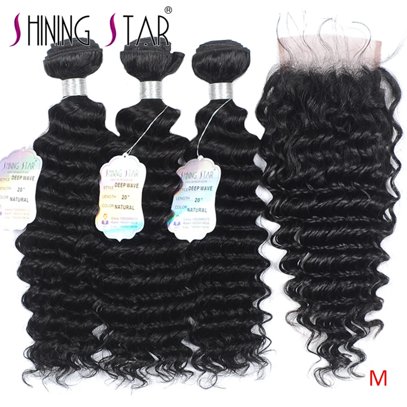 

Shining Star Peruvian Hair Bundles with Closure Natural Deep Wave Remy Human Hair Bundles with Closure PrePlucked with Baby Hair
