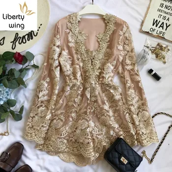 

Women Hollow Out Lace V-Neck Rompers Sexy Long Sleeve Slim Playsuit Spring Summer Street Fashion High Waist Short Jumpsuit