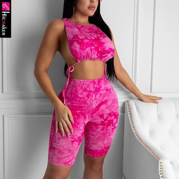 

Two Piece Set Women Tie Dye Printed Sleeveless Top & High Waist Bodycon Short Sexy Plus Size Suits