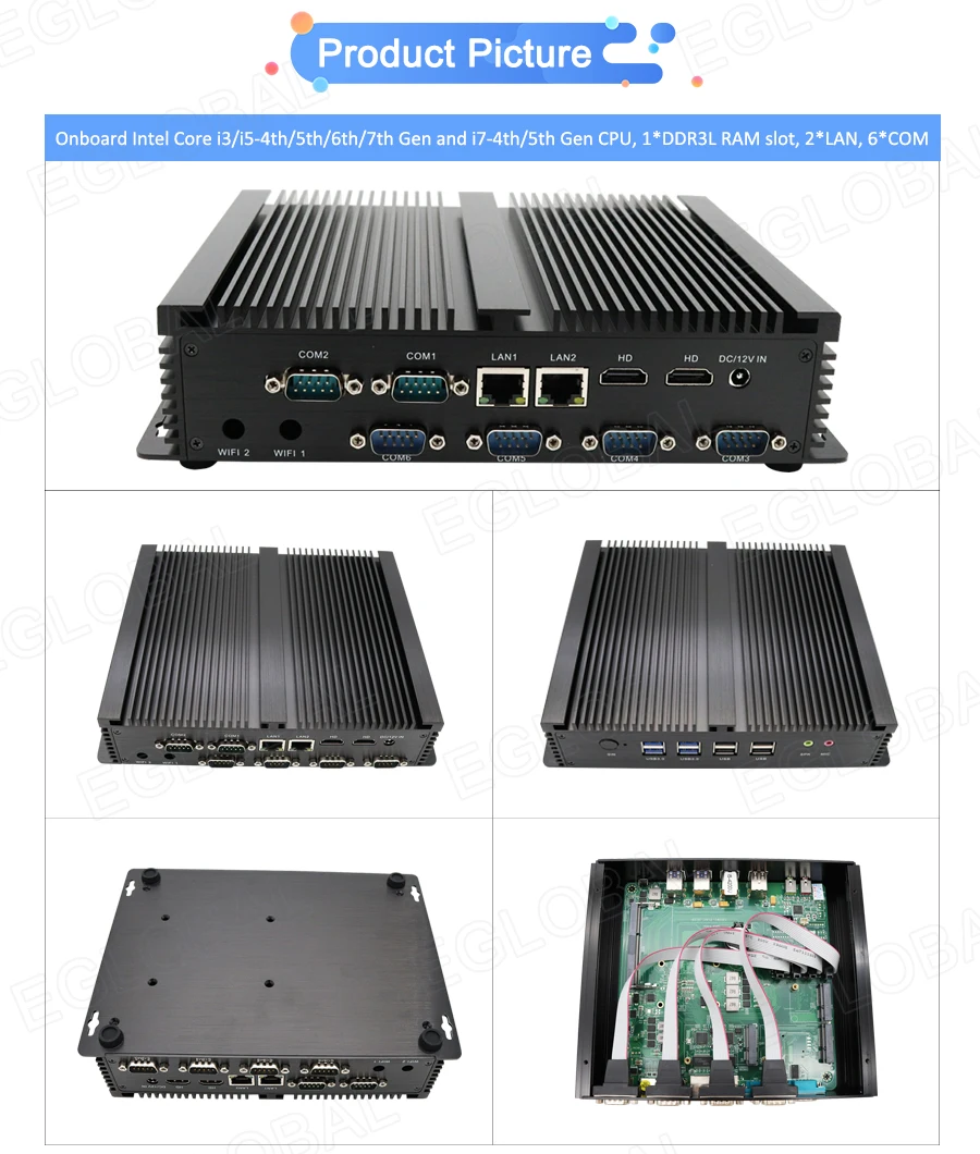 Elevate Your Workspace with Eglobal Industrial Mini PC - Intel Core i3/i5, 2 RJ45 LAN, 2 HDMI, Linux Desktop Computer, 6 RS232 COMs, 8 USB, Windows Ready Description Image.