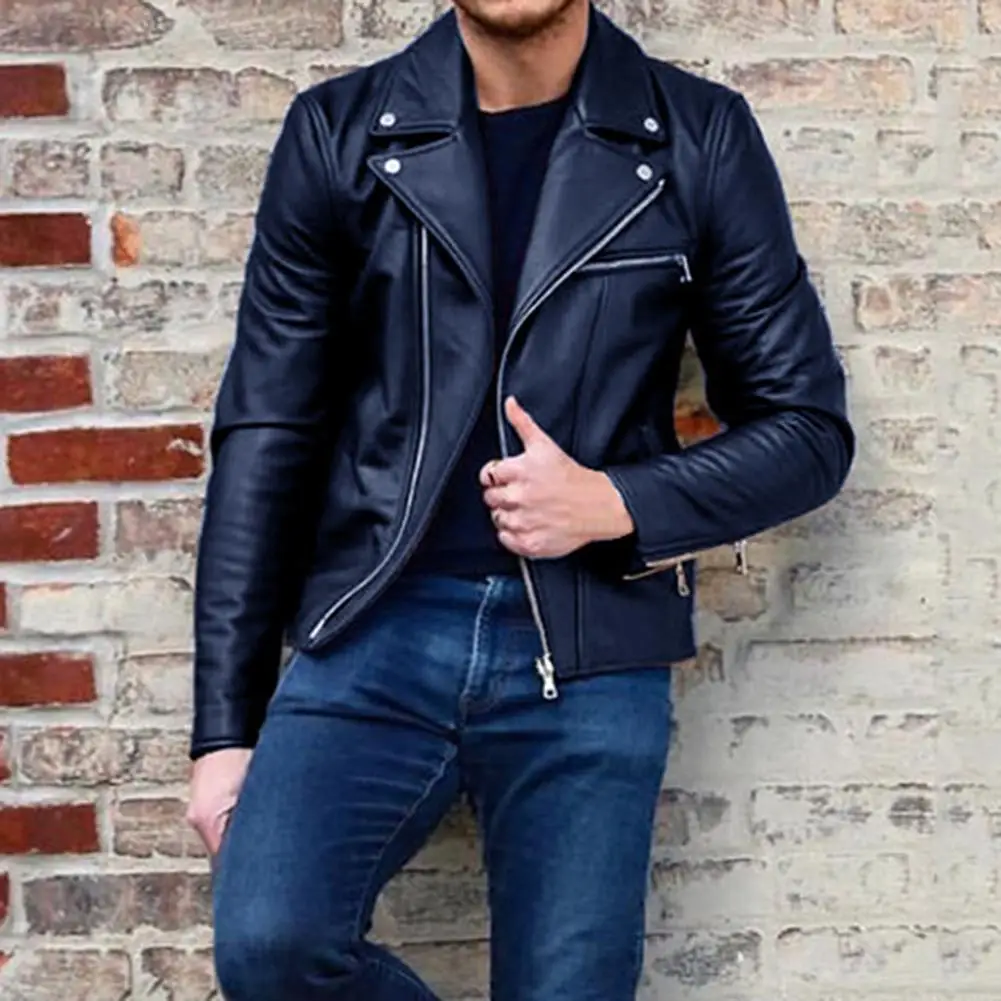 

Jacket Fashion Men's Leather Motorcycle Jacket PU Lapel Jacket Casual Zip Cardigan Long Sleeve Jacket