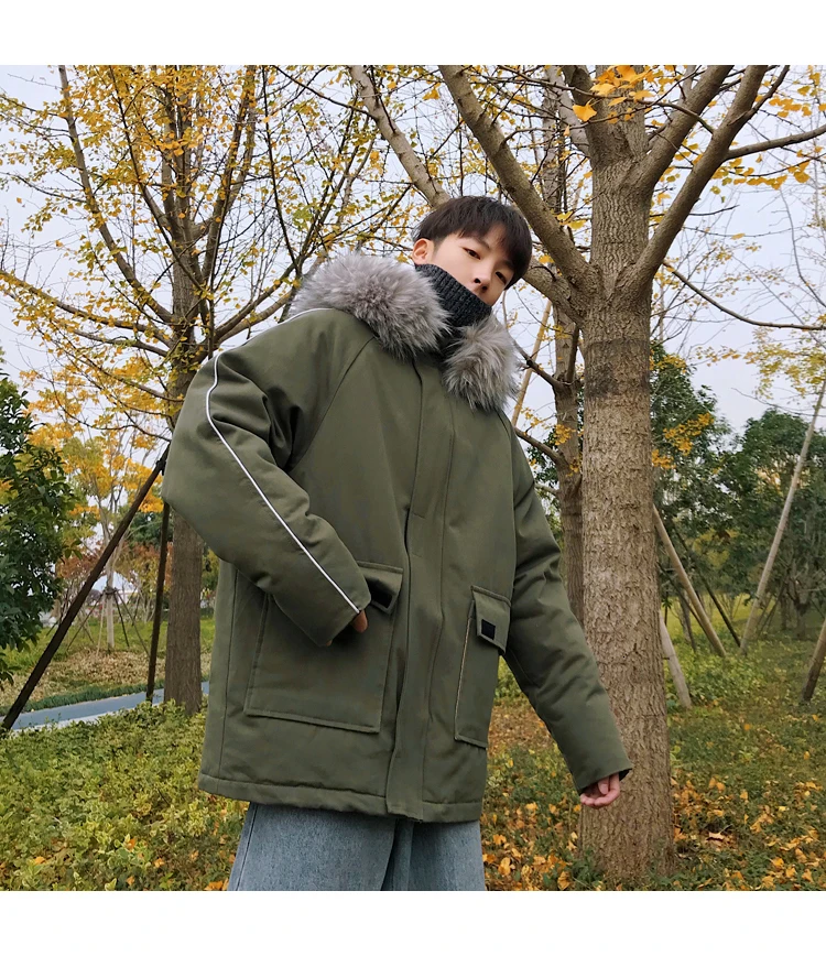 Winter Coat Men Warm Thick Fashion Parka Men Solid Color Casual Fur Collar Hooded Coat Man Wild Cotton Tooling Jacket Male