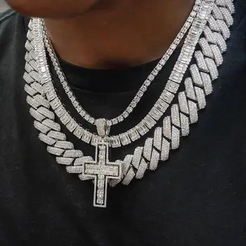 

3 row cz 19mm diamonds cuban link chain necklace iced out bling 5A cubic zirconia hip hop men boy jewelry gold silver color