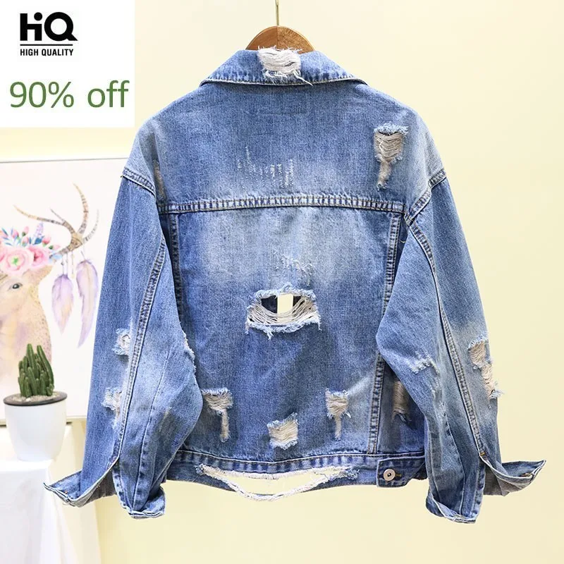 

Boy Friend Style Korean Women Long Sleeve Hole Frayed Women Denim Jackets Fashion Single Breasted Loose Casual Female Coats