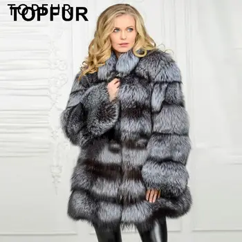 

TOPFUR Natural Silver Fox Fur Coat Women Winter Real Fur With Collar 80cm Long Style Jacket Fashion NEW Thick Warm Real Fur Coat