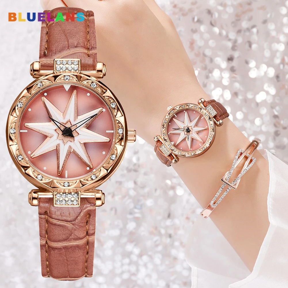 

Rhinestone Luxury Unique Lady Flower Rhinestone Round Dial Faux Leather Strap Analog Quartz Watch Gift zegarek damski For Women