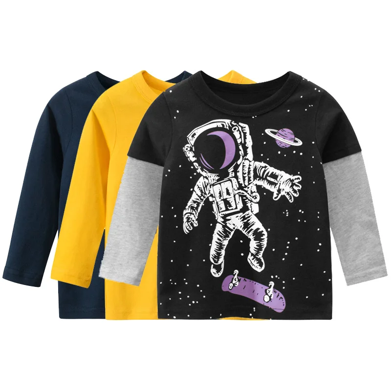 Футболки с рисунком космонавта для мальчиков и девочек хлопковые топы длинными
