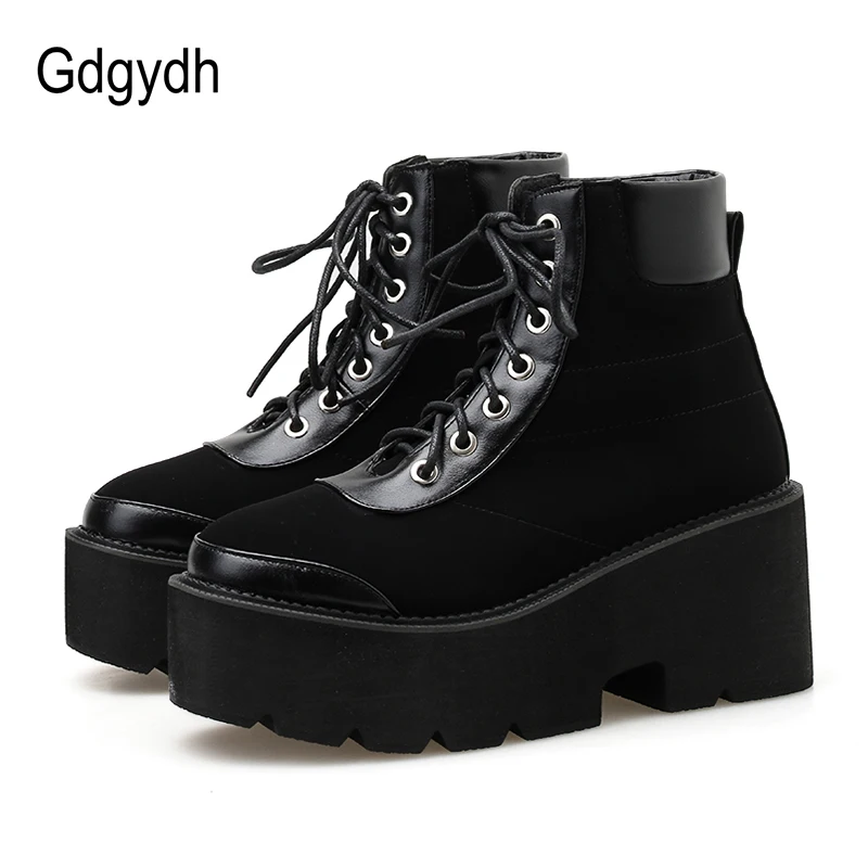 

Gdgydh Lace Up Motorcyle Ankle Boots For Women Platform Block Chunky Thick High Heel Gladiator Shoes Bootie Female Flock Black