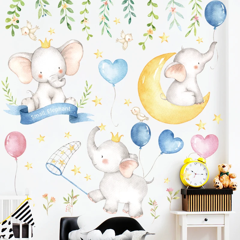 Cartoon Small Elephants Balloon Moon Wall Stickers Paint Style For