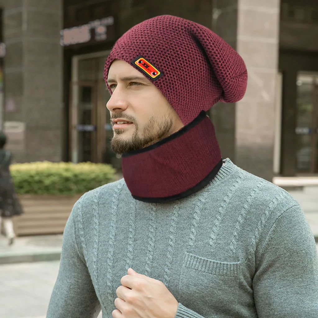 Зимние вязаные шапки, шарфы, Мужская зимняя теплая шапка, шапка с воротником, набор плюс бархатная Толстая вязаная шапка и глушитель, Czapka Zimowa - Цвет: 76RD
