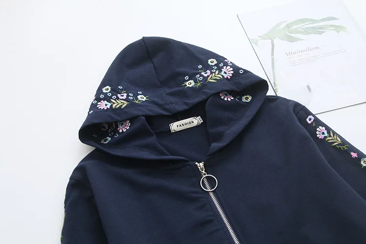 Blvyisla 4XL Этническая Цветочная вышивка Толстовка большая женская осенне-зимняя толстовка с капюшоном пальто на молнии шикарная уличная одежда