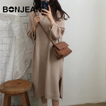 

Sweater Dress Women Beige Blue Winter Sweater Casual Jumpers Ladies V Neck Knitted Top Korean Style Woman Pullover Knitwear Z598