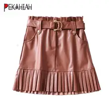 Зимняя элегантная юбка из искусственной кожи Женская Сексуальная плиссированная юбка с карманом и поясом уличная офисная мини-юбка falda mujer