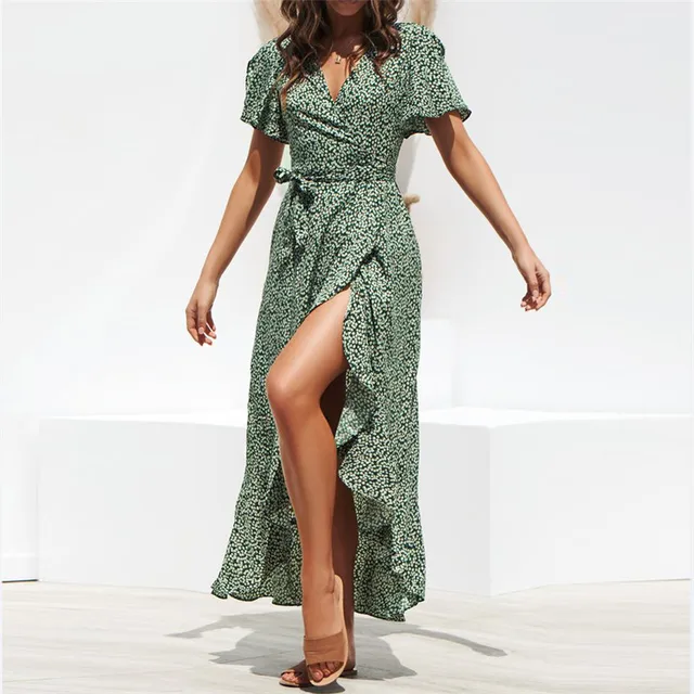 Women s Summer beach maxi Dress short sleeve green white floral boho casual sexy party long chiffon wrap dresses
