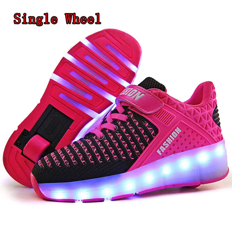 Single-Wheel Rose HYFMWZS Модные светодиодный Heelys обувь из дышащего материала, детское платье из двух спортивная обувь Съемная Детские Тонкие Туфли ролики срок производства тиража: 30-40 - Цвет: Single-Wheel Rose