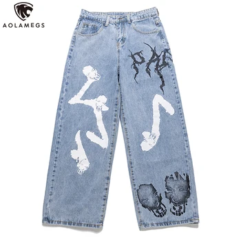 

Aolamegs Jeans Men Cool Graffiti Print Denim Pants Solid Color Fashion Retro Baggy Hip Hop Style Jeans High Street Casual Pant