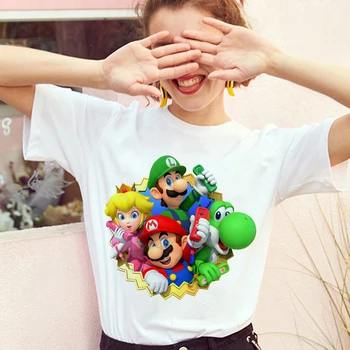 

Summer Fashion Cute cartoon mario print Tshirt Harajuku Women's White short sleeve T-shirt Leisure Streetwear T Shirt Female Top