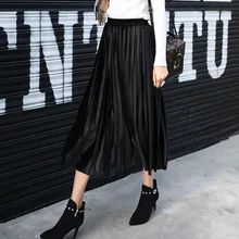 Бархатная плиссированная юбка для женщин с высокой талией, большая женская винтажная трапециевидная юбка, элегантные черные плиссированные юбки, женские макси юбки