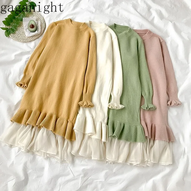 Gaganight шифоновое лоскутное элегантное женское платье с длинным рукавом и круглым