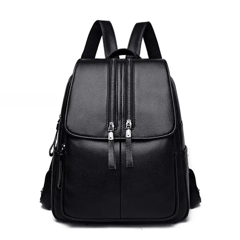 Повседневный двойной кожаный рюкзак на молнии, Женская вместительная школьная сумка для девочек-подростков, сумки через плечо для женщин, Sac A Dos Femme - Цвет: Black
