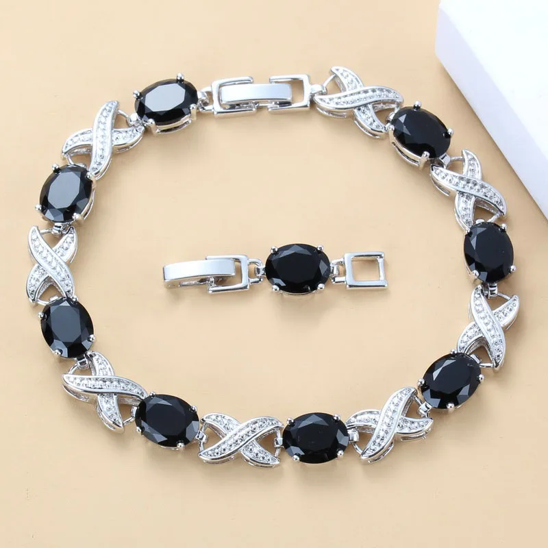 925 пробы серебряный модный костюм черный белый кубический цирконий звено цепи браслет для женщин коробка ювелирных изделий