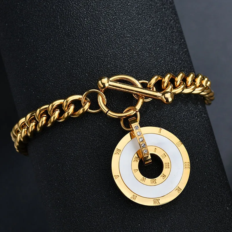 Gold Letdiffery нержавеющая сталь римские цифры оболочки женские браслеты круглые прозрачные кристаллы Свадебные украшения - Окраска металла: Gold