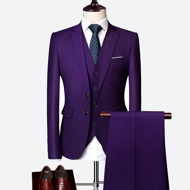 

Hot Selling Men Business Leisure Suit Three-piece Set Two-Button Purple Business Suit Set