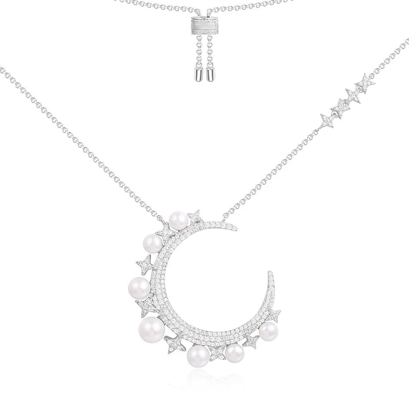 

high quality original 925 sterling silver necklace A pearl moon shaped PM brand designed Monaco style ladies fashion jewelry