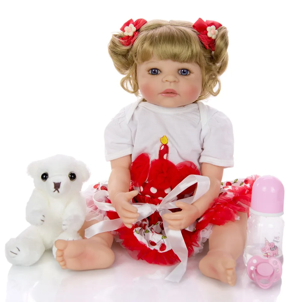 Curly hair 57CM bebe doll reborn toddler girl doll in red dress full body soft silicone realistic baby Bath toy waterproof Curly hair 57CM bebe doll reborn toddler girl doll in red dress full body soft silicone realistic baby Bath toy waterproof