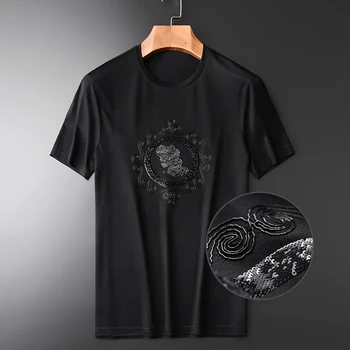 

Men T-shirt Summer Luxury Sequin Embroidery Short Sleeve Mens T-shirts Plus Size 4xl Fashion Slim Fit Thin Man Tee