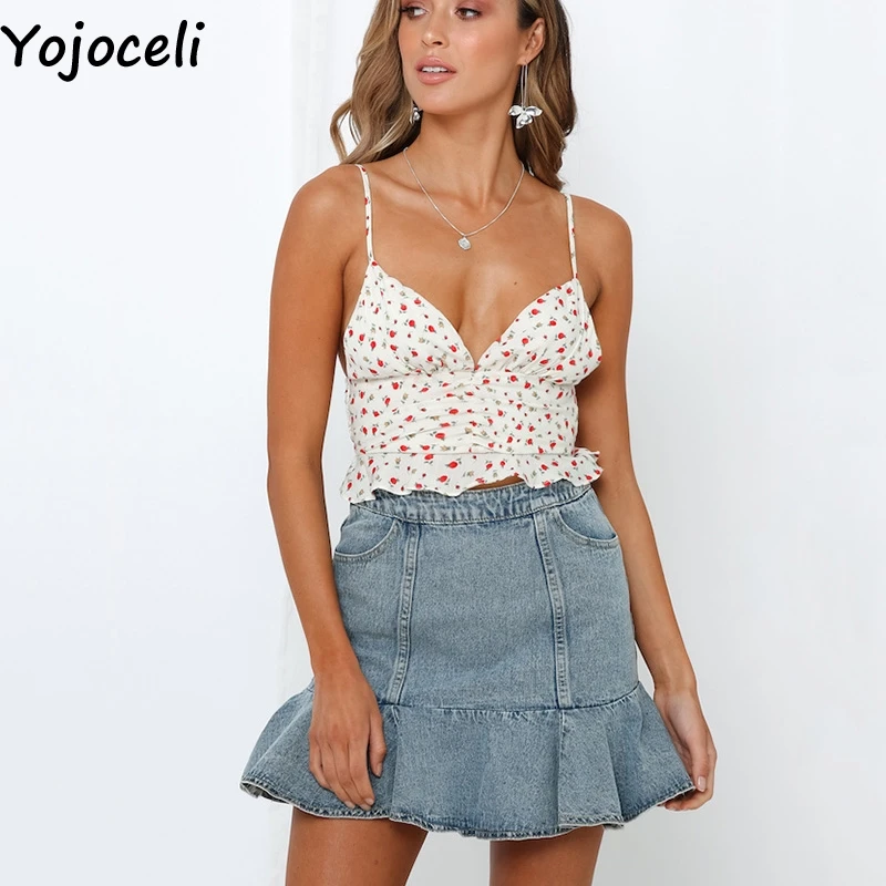 Yojoceli, элегантные, с цветочным принтом, короткие, с рюшами, женские Топики, сексуальные, пляжные, крутые, повседневные, на бретелях, короткий топ, летние, женские, модные, милые топы